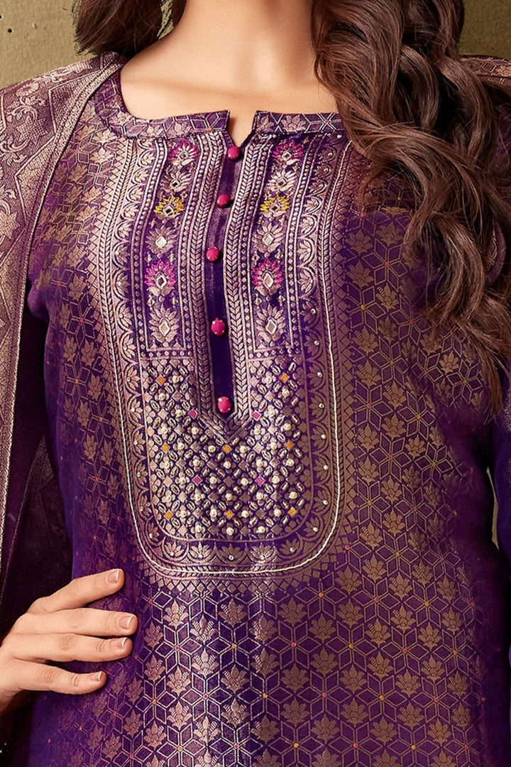 Purple Stone, Mirror, Zardozi, Thread and Brocade work Straight Cut Salwar Suit