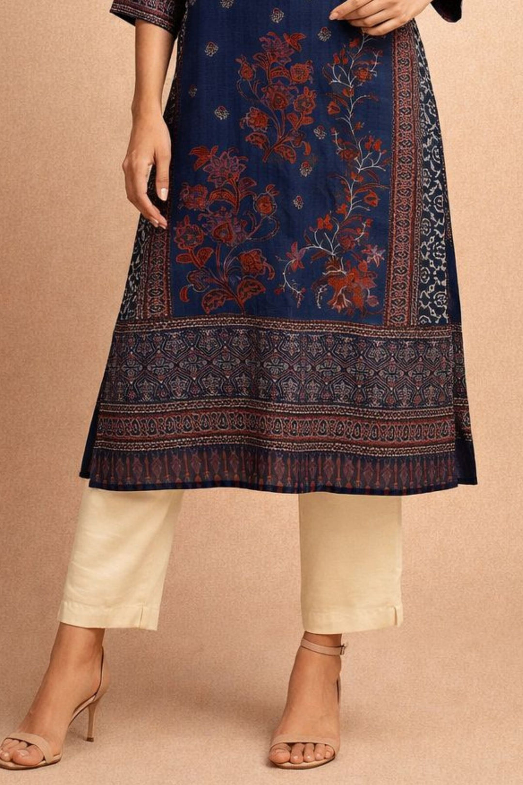 Navy Blue Beads work with Ajrakh Print Calf Length Kurti