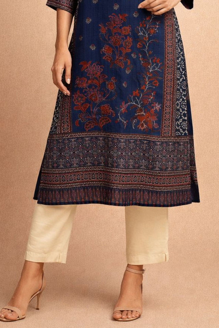 Navy Blue Beads work with Ajrakh Print Calf Length Kurti