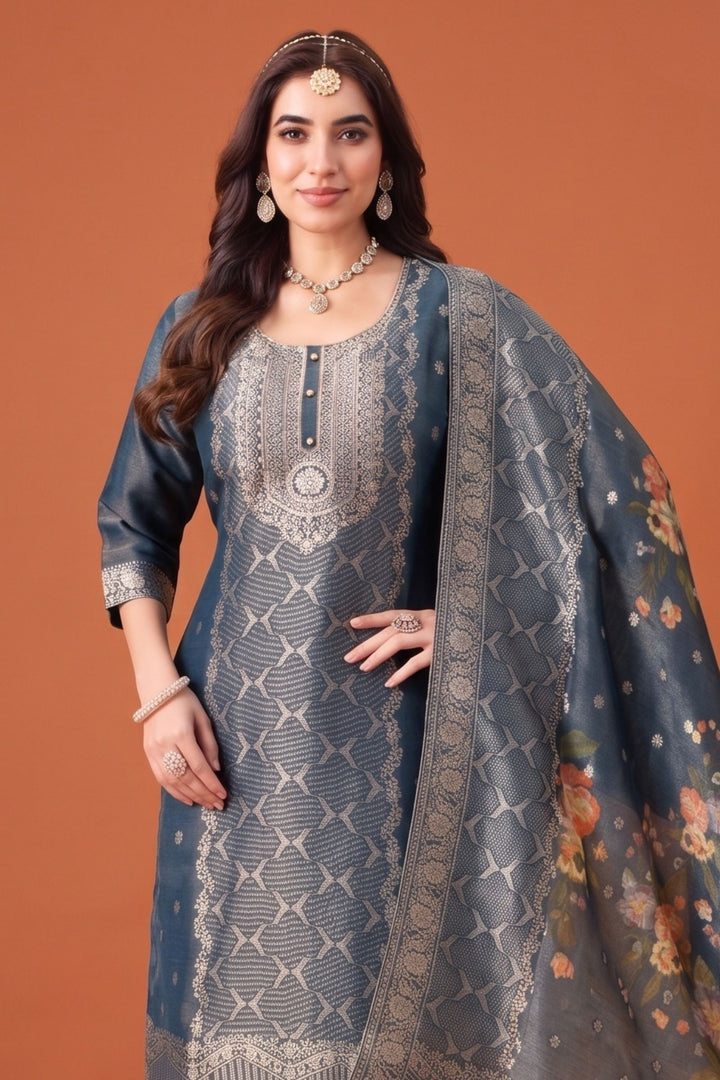 Teal Blue Banaras, Beads, Stone and Sequins work Straight Cut Salwar Suit