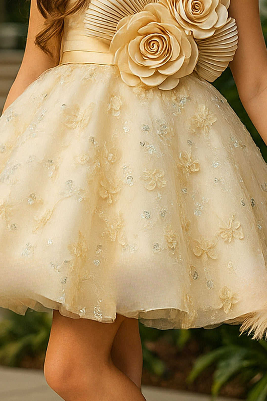 Fawn Sequins and Beads work Short Partywear Frock for Girls