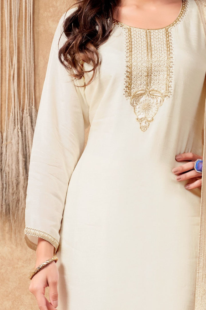 Cream Sequins, Zari, Beads and Zardozi work Straight Cut Salwar Suit