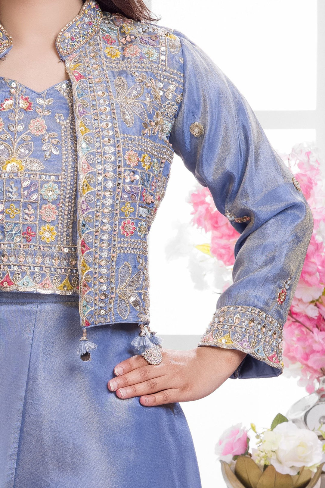 Greyish Blue Zari and Multicolor Thread work Jacket Style Palazzo Suit Set for Girls
