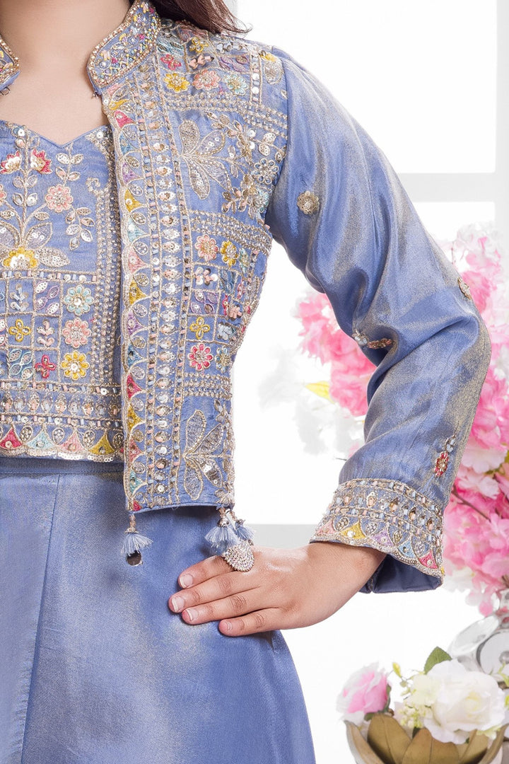 Greyish Blue Zari and Multicolor Thread work Jacket Style Palazzo Suit Set for Girls