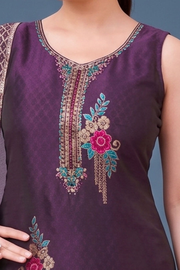 Purple Banaras, Beads, Stone, Thread, Mirror and Zardozi work Straight Cut Salwar Suit