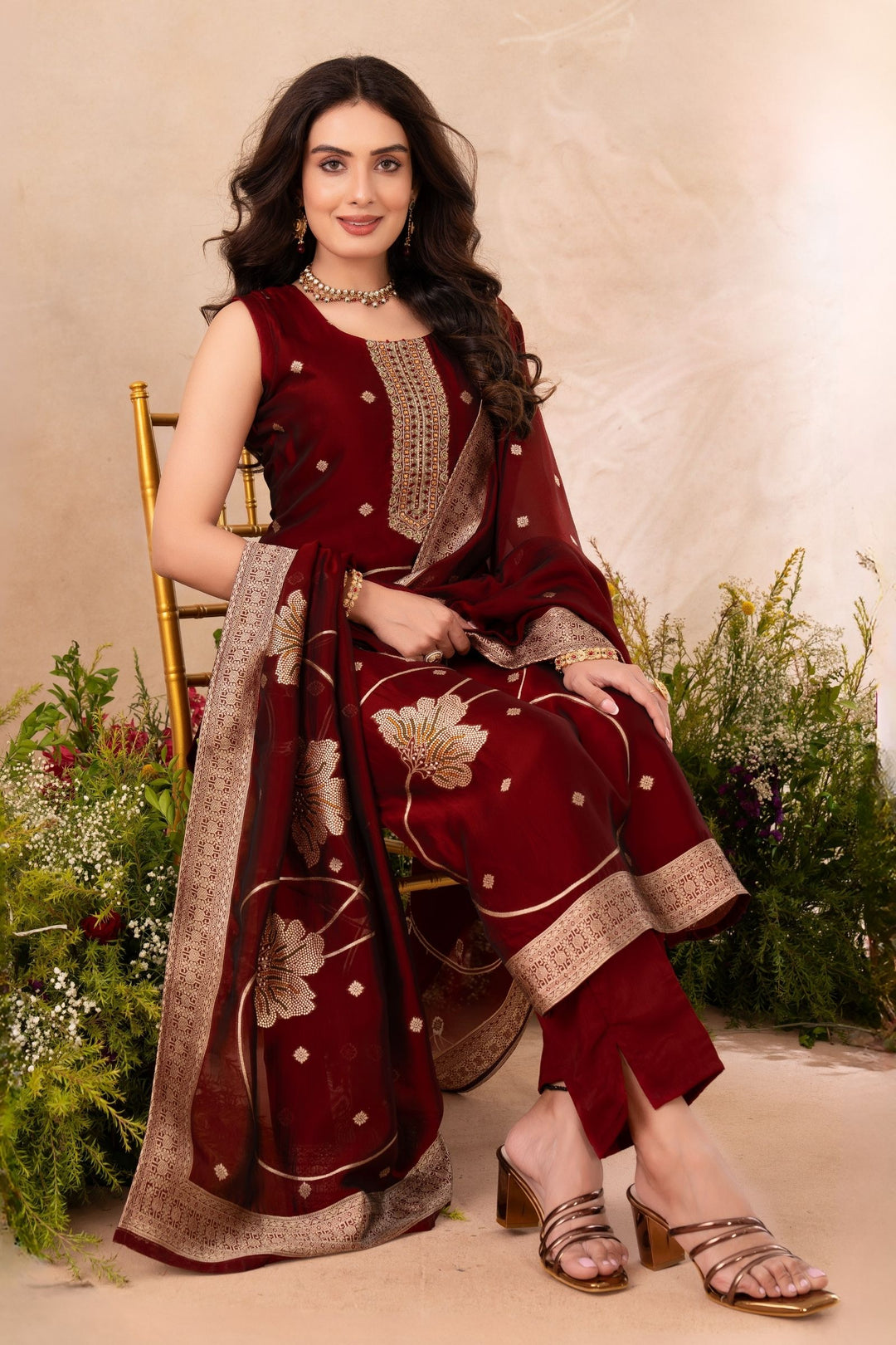 Maroon Banaras, Beads and Sequins work Straight Cut Salwar Suit