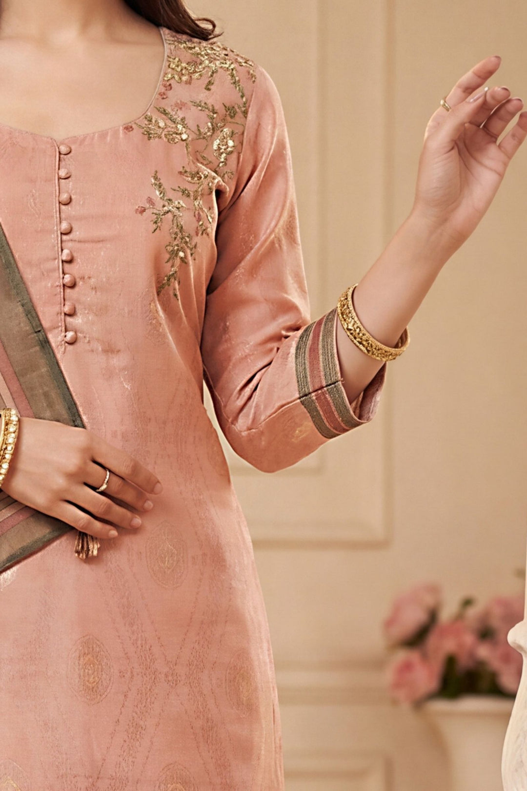 Onion Pink Beads, Zardozi, Zari and Sequins work with Digital Print Straight Cut Salwar Suit