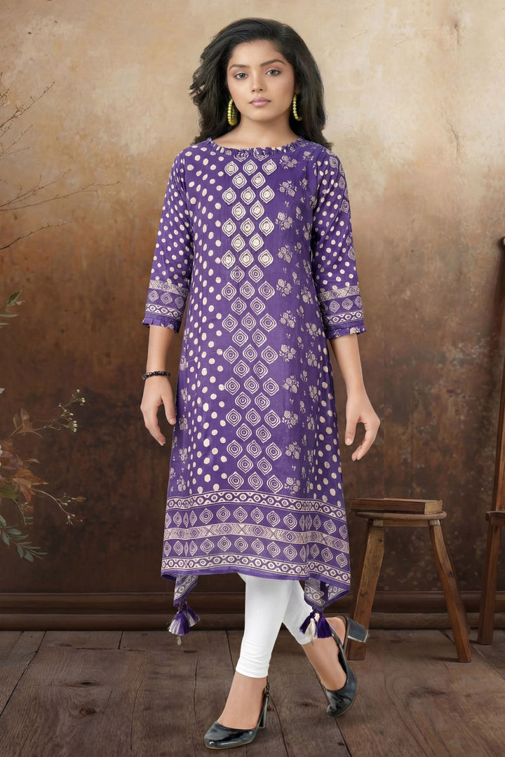 Purple Beads and Mirror work with Digital Print Anarkali Styled Salwar Suit for Girls