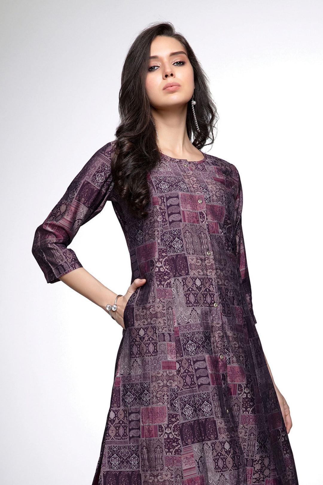 Wine with Digital Print Calf Length Kurti