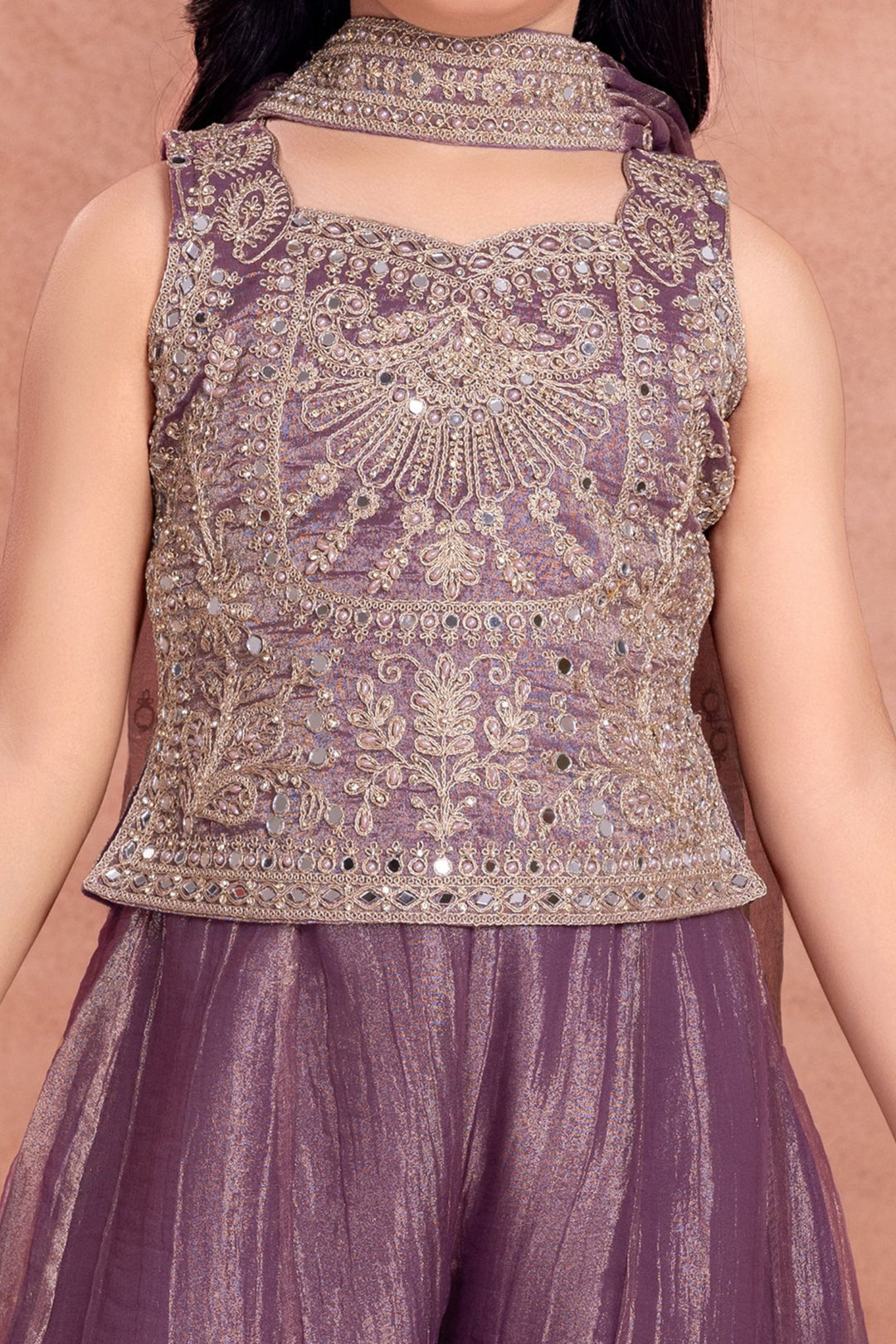 Lilac Zari Thread, Mirror and Stone work Palazzo Suit Set for Girls