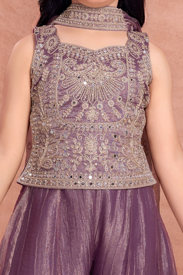 Lilac Zari Thread, Mirror and Stone work Palazzo Suit Set for Girls