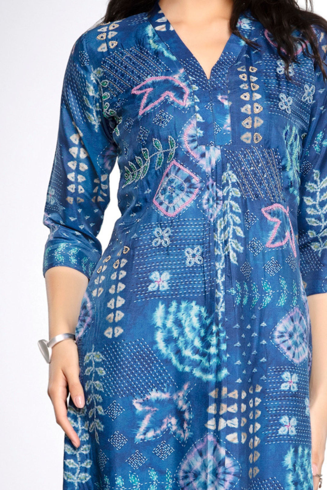 Blue with Digital Print, Beads and Sequins work Calf Length Kurti