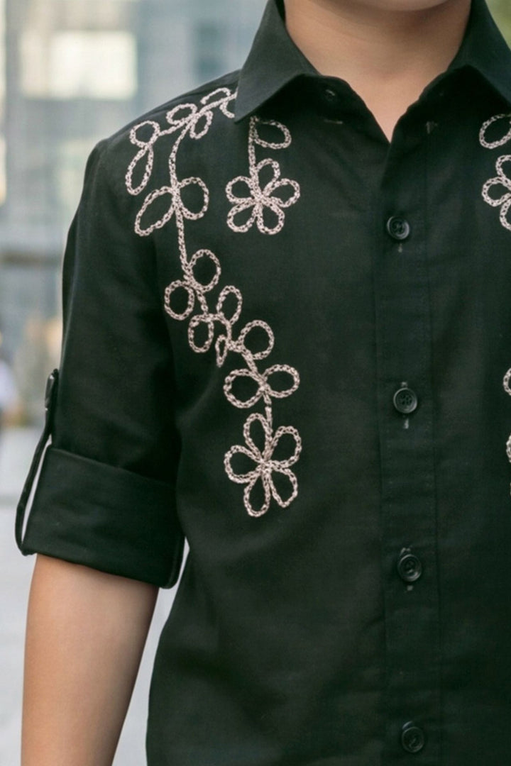 Bottle Green Thread work Shirt and Cream Pant Set for Boys