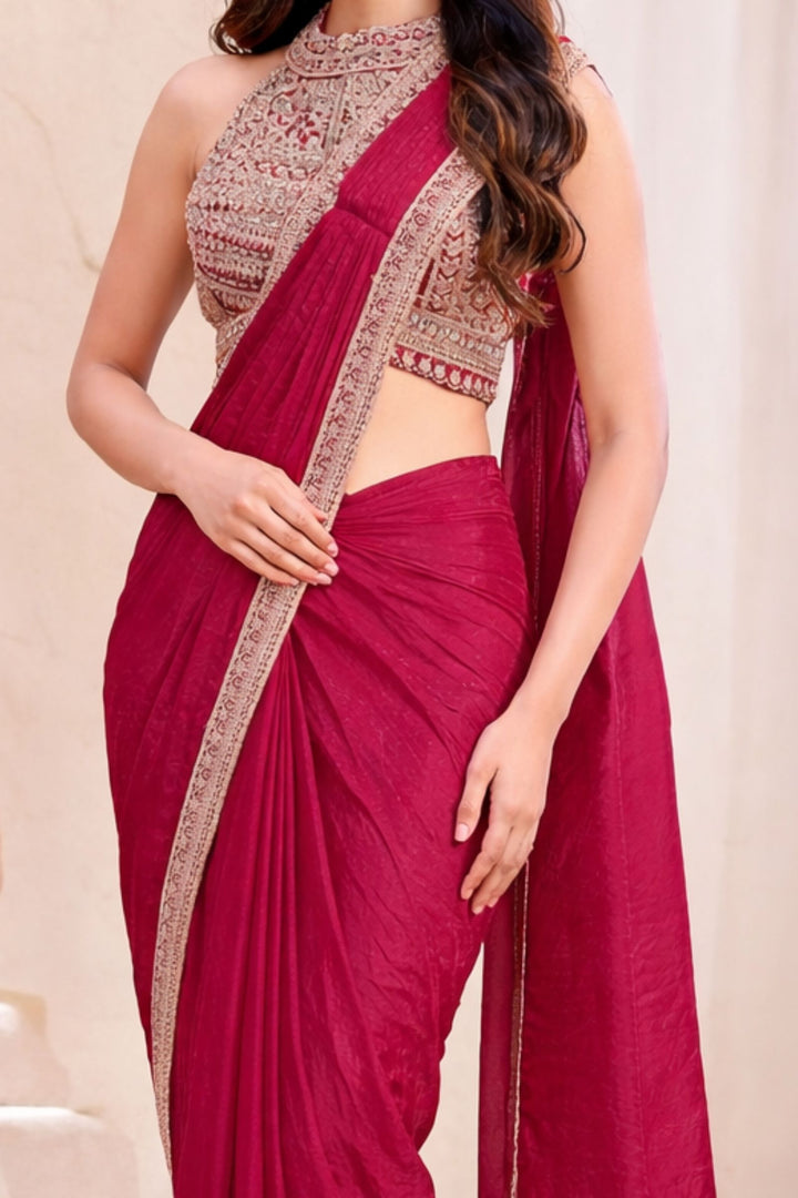 Rani Pink Readymade Saree with Pearl, Zari, Mirror and Stone work Readymade Blouse