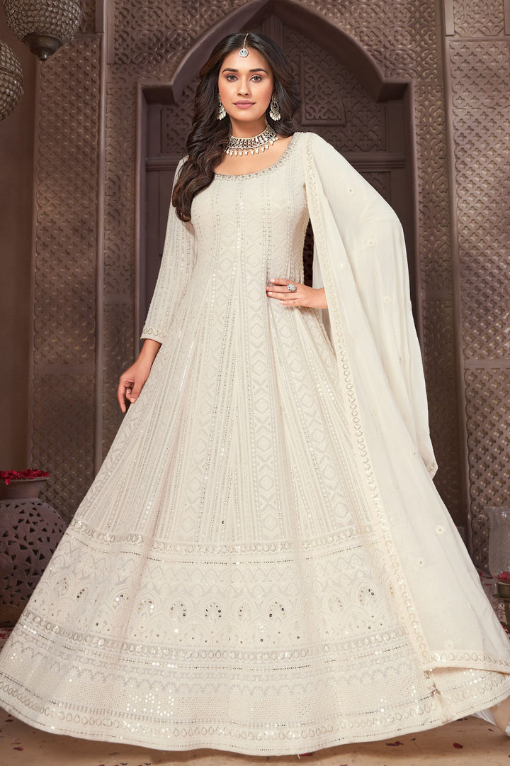 Cream Lucknowi, Sequins, Beads, Zardozi and Stone work Floor Length Anarkali Suit