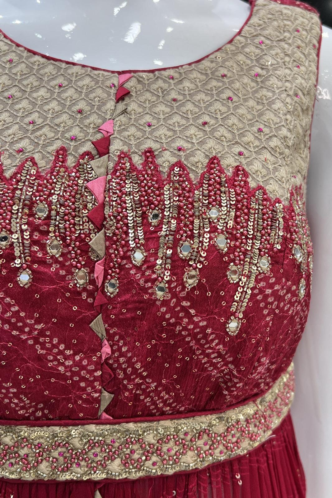 Red with Pink Bandini Print, Sequins, Beads and Pearls work Peplum