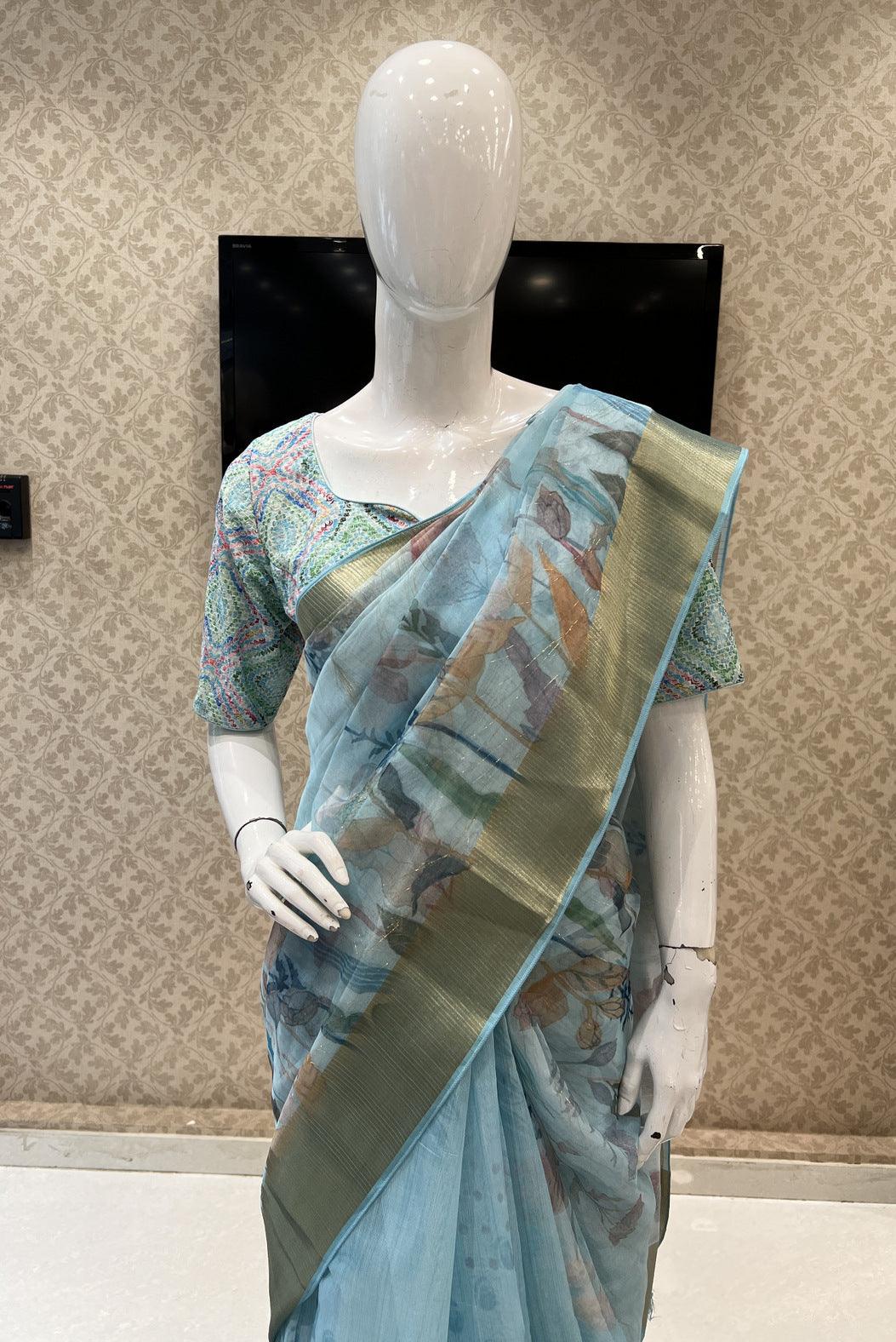 Sky Blue Plain Silk Saree | Saree, Silk sarees, Embroidery blouse designs
