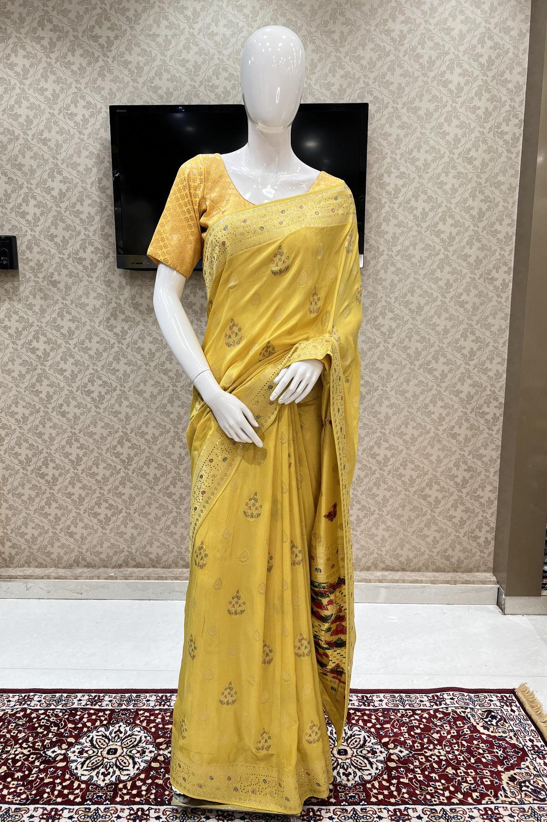 Linen Khadi Silk Dazzling Yellow Color Saree