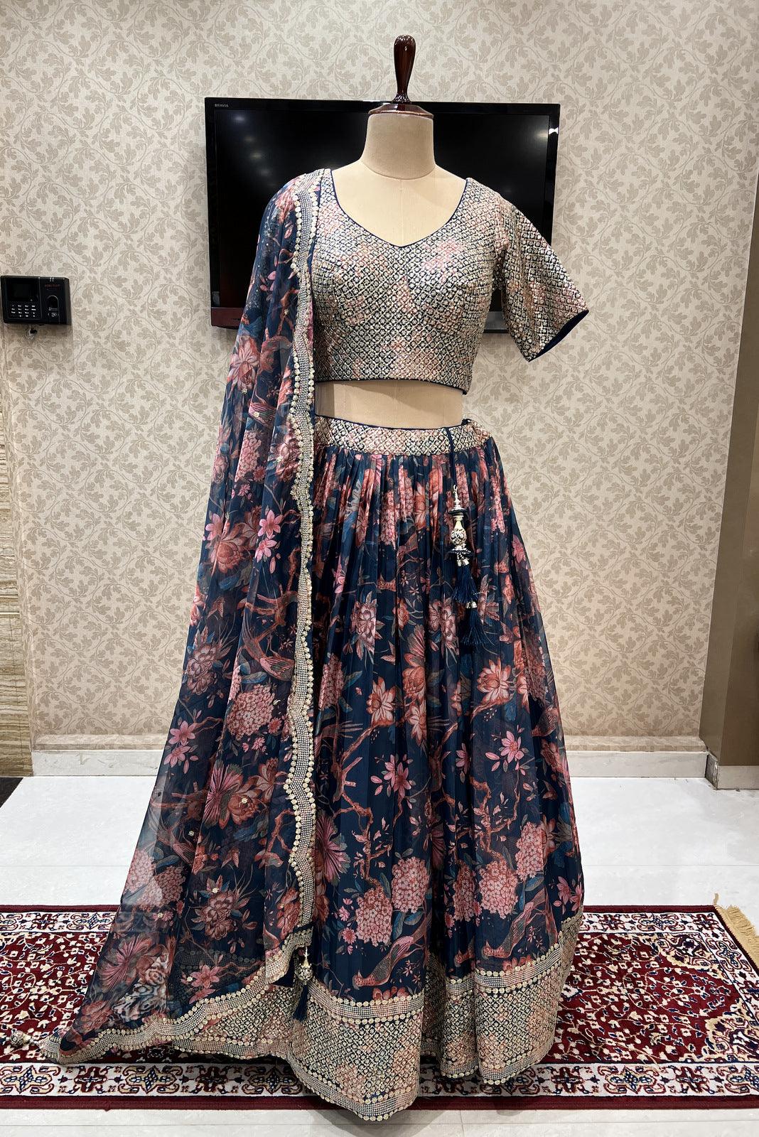 Sea Green Georgette Embroidered A Line Lehenga Choli for Engagement