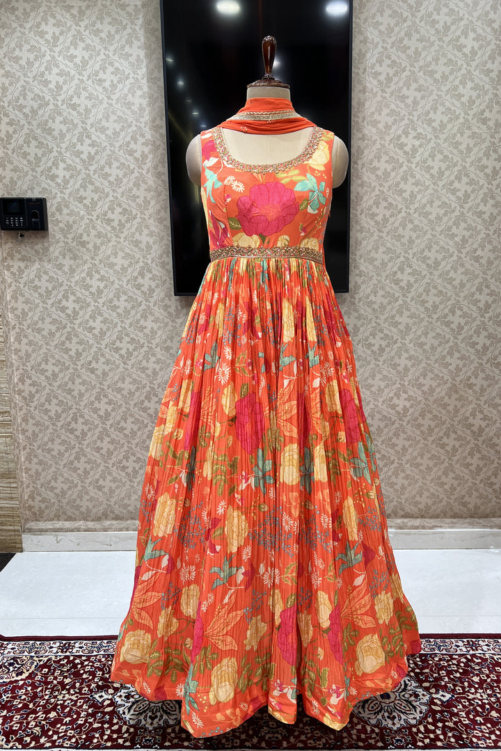 Orange Mirror, Zardozi and Beads work with Floral Print Floor Length Anarkali Suit