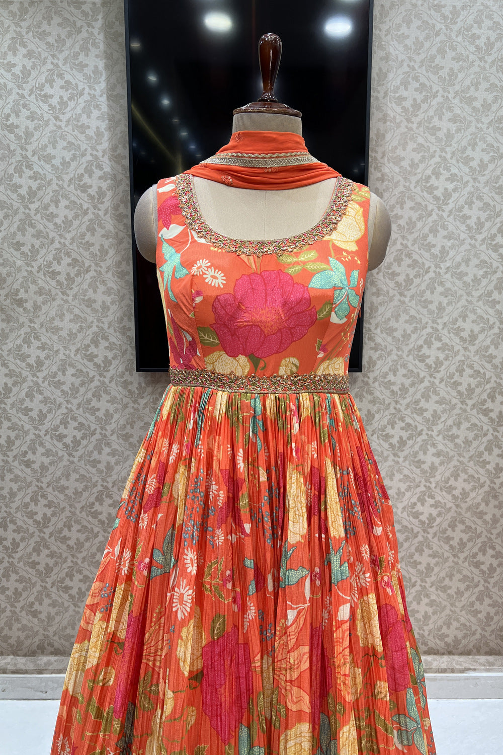 Orange Mirror, Zardozi and Beads work with Floral Print Floor Length Anarkali Suit