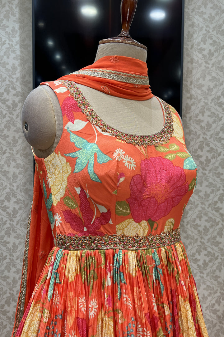 Orange Mirror, Zardozi and Beads work with Floral Print Floor Length Anarkali Suit