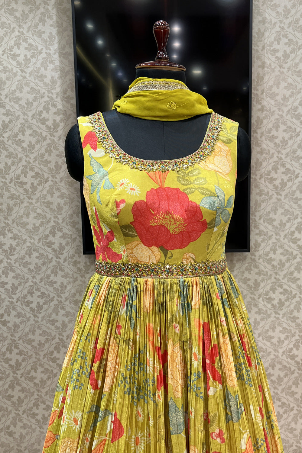 Lemon Green Mirror, Zardozi and Beads work with Floral Print Floor Length Anarkali Suit