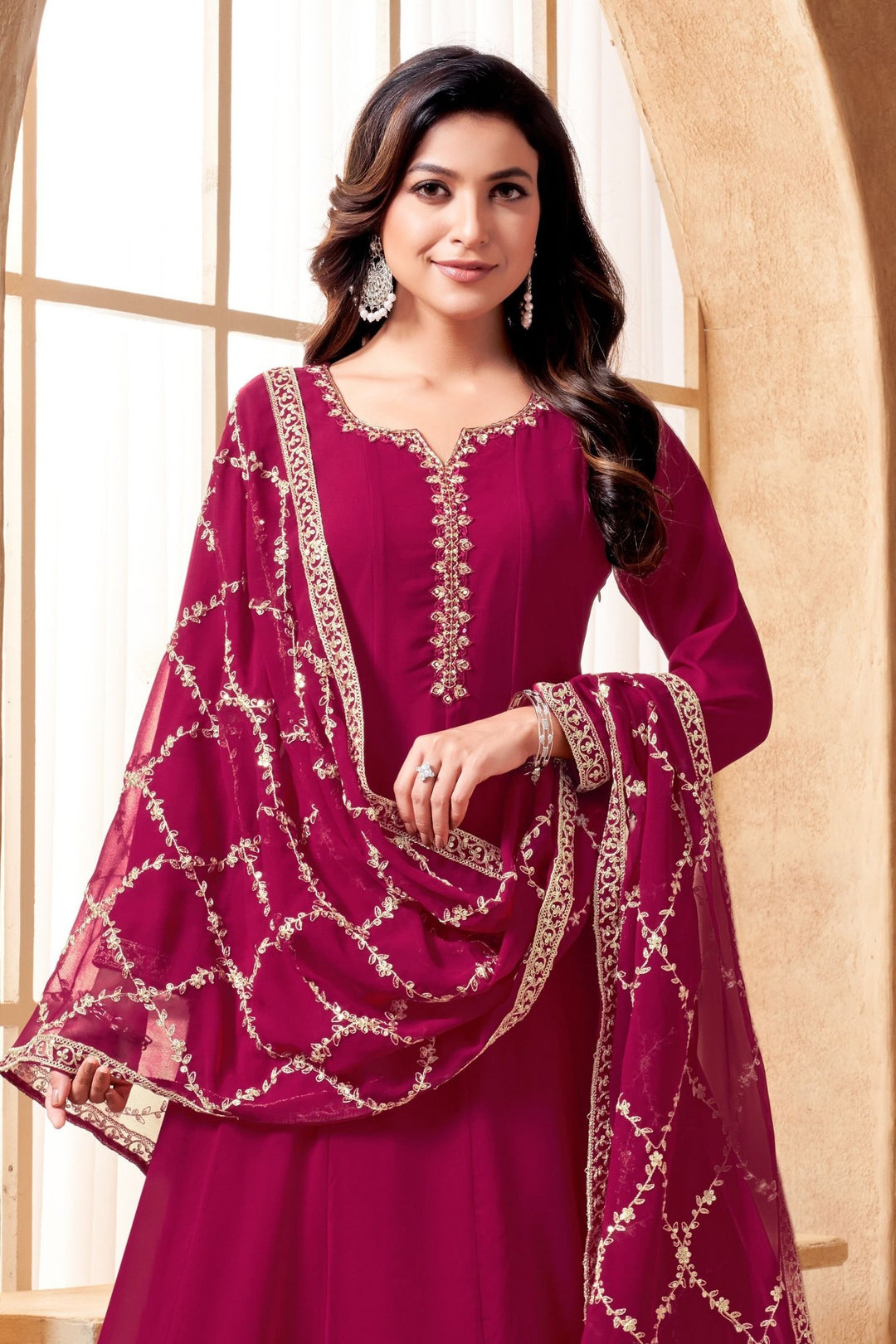 Rani Pink Stone, Sequins, Zardozi, Zari and Beads work A-line Cut Salwar Suit