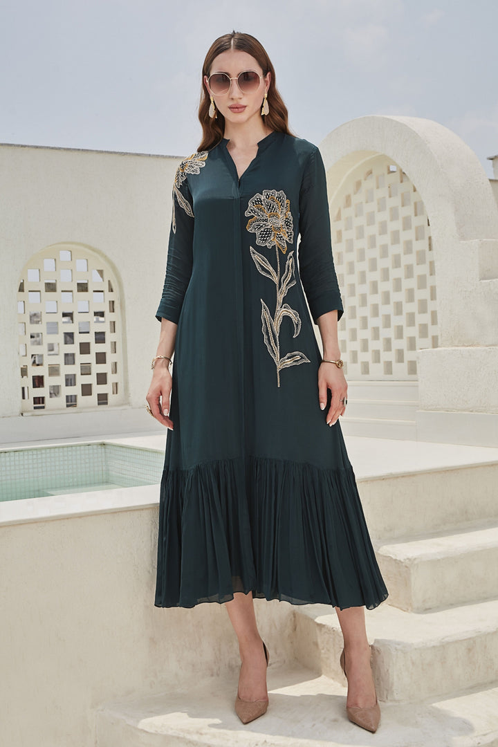 Bottle Green Sequins, Thread and Beads work Anarkali Styled Long Kurti