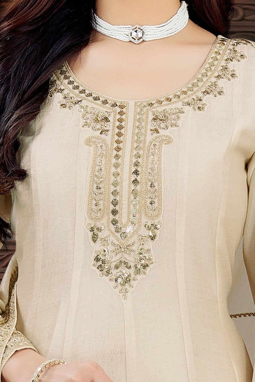 Cream Sequins, Beads and Zari work Anarkali Style Salwar