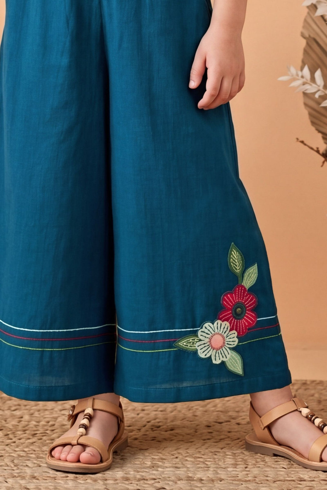 Teal Blue with Cream Jacket Styled Palazzo Set for Girls