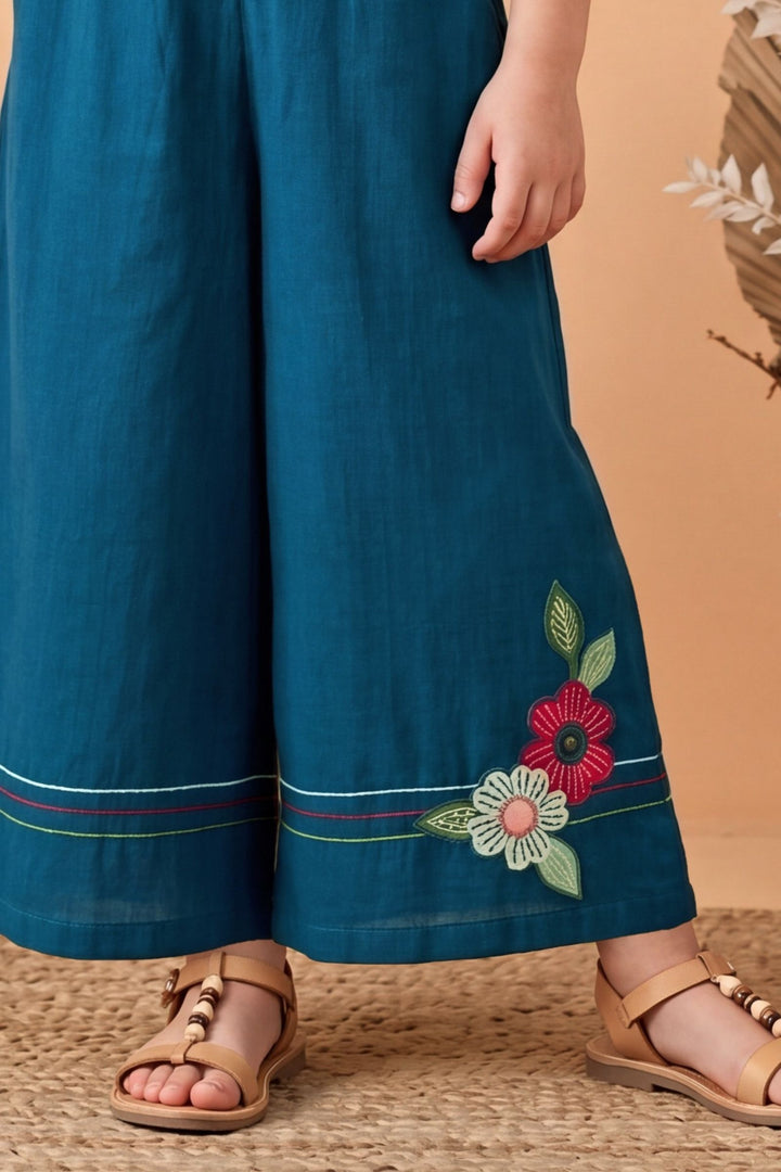 Teal Blue with Cream Jacket Styled Palazzo Set for Girls