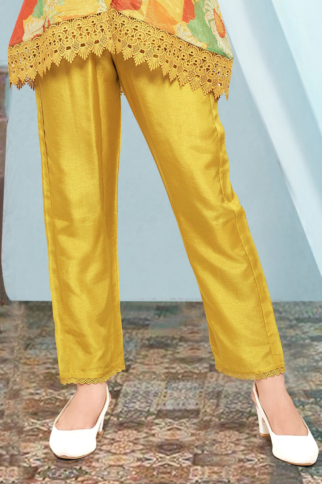 Yellow Zari Weaving with Digital Print Overcoat Salwar Suit for Girls