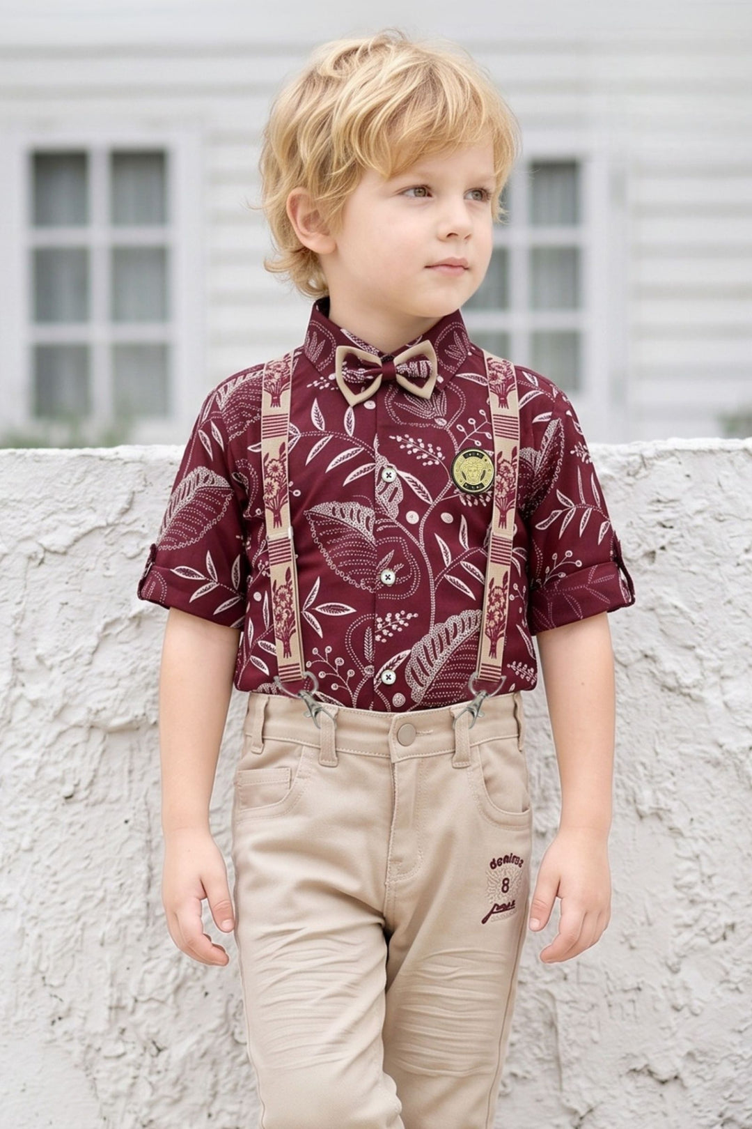 Maroon with Fawn Digital Print Suspender Style Pant Shirt Set for Boys