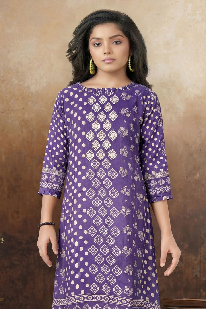 Purple Beads and Mirror work with Digital Print Anarkali Styled Salwar Suit for Girls