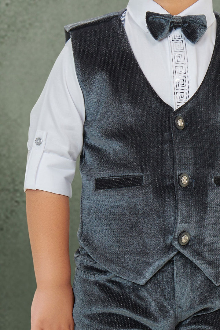 Grey with White Waist Coat, Shirt and Suspender Style Pant Set for Boys