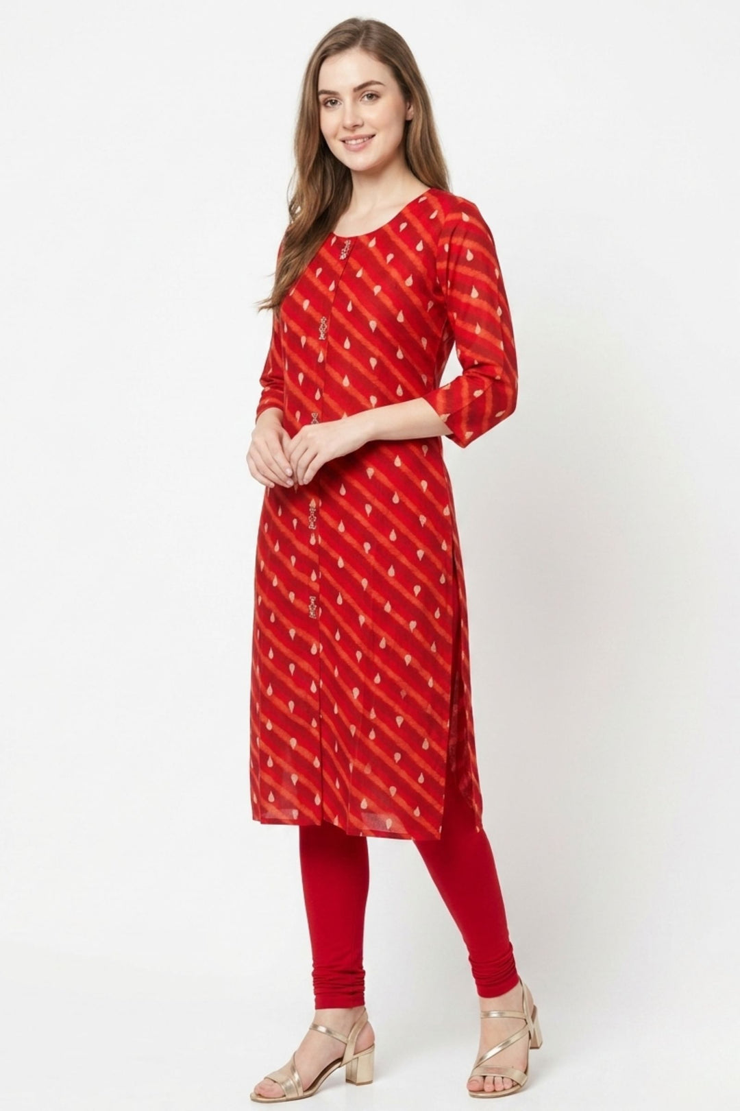 Red Beads, Sequins and Thread work with Digital Print Calf Length Kurti