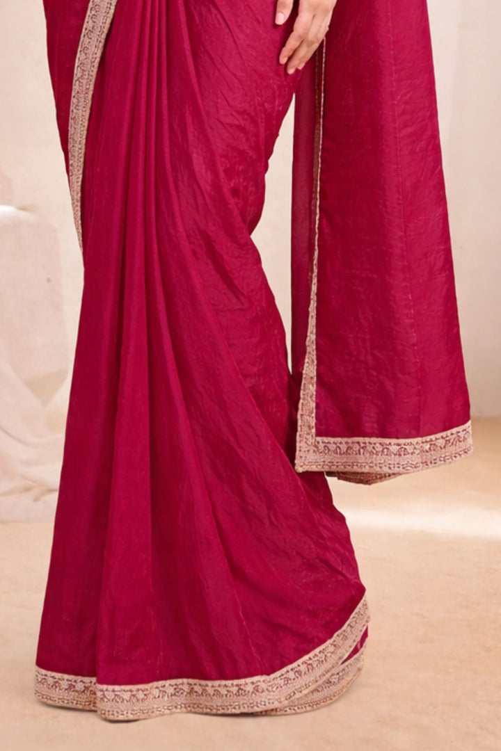 Rani Pink Readymade Saree with Pearl, Zari, Mirror and Stone work Readymade Blouse