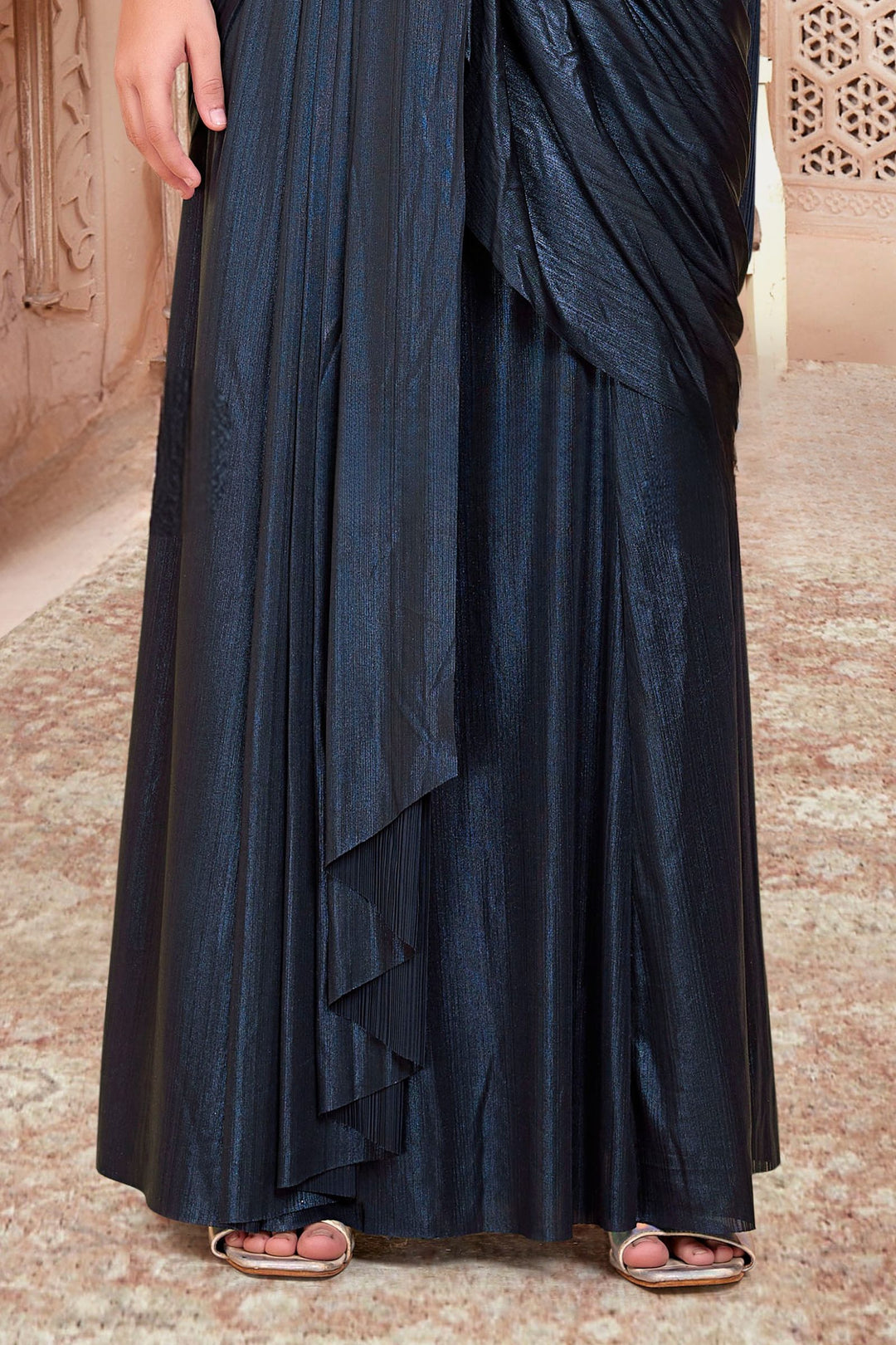 Navy Blue Beads, Sequins and Mirror work Indo-Western saree for Kids