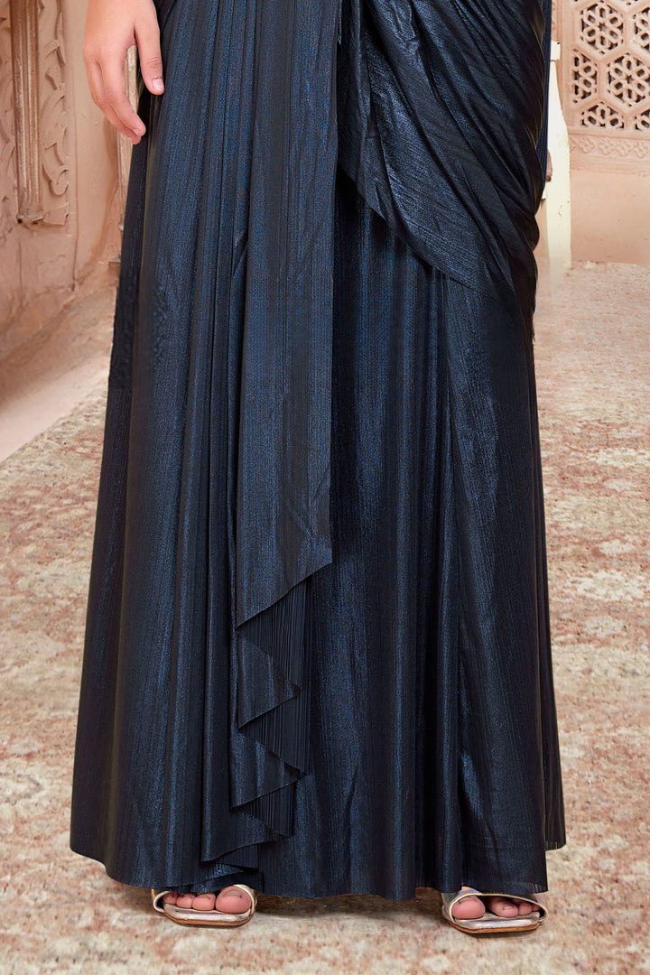 Navy Blue Beads, Sequins and Mirror work Indo-Western saree for Kids