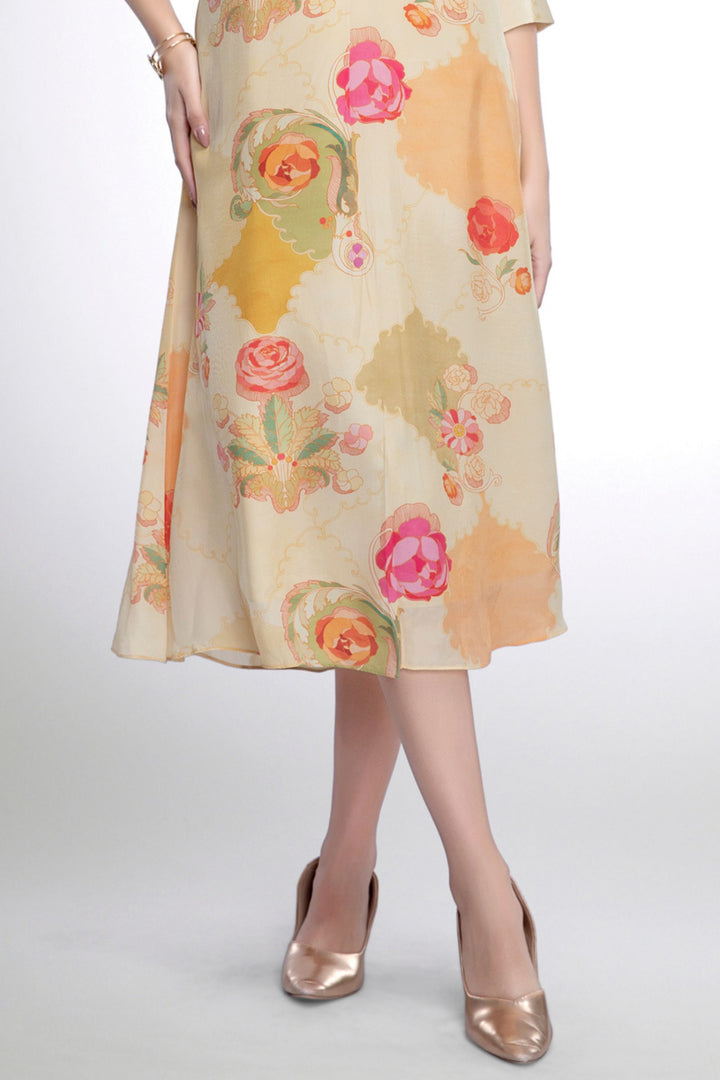 Cream Beads work with Floral Print Anarkali Styled Kurti