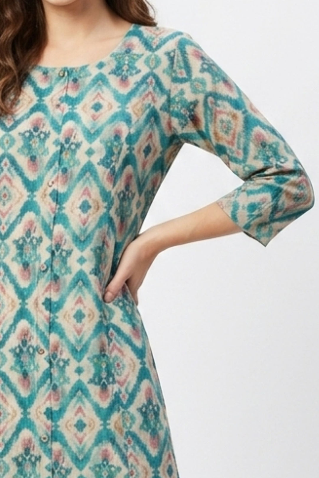 Beige with Blue Digital Print A-Line Cut Calf Length Kurti