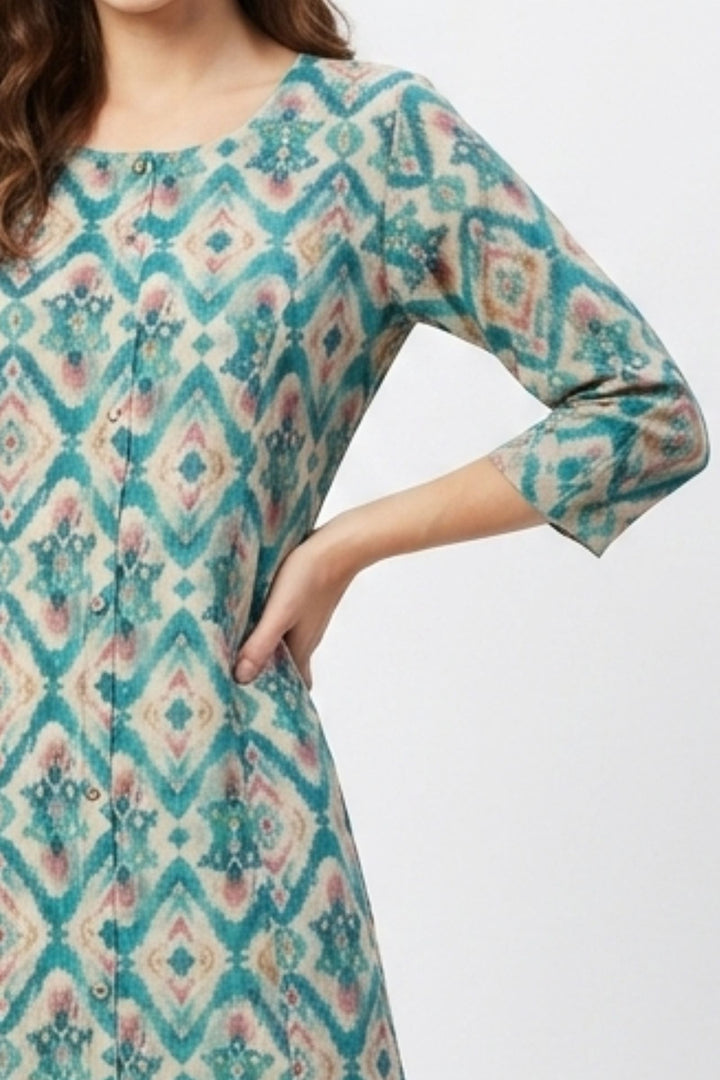 Beige with Blue Digital Print A-Line Cut Calf Length Kurti
