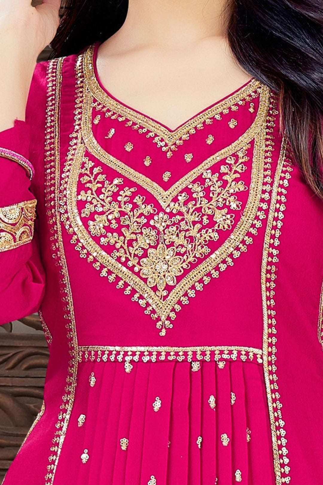 Dark Pink Sequins and Zari work A-line Cut Salwar Suit