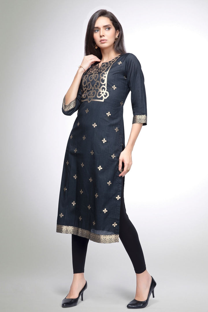 Black Banaras Zari Weaving Calf Length Kurti