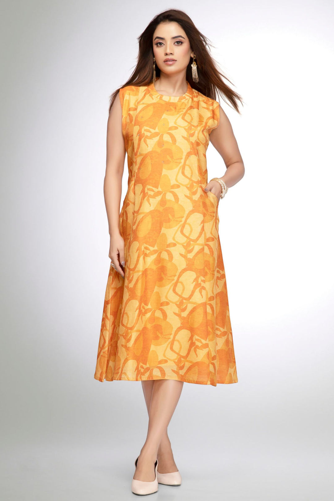 Yellow Stone work with Digital Print A-Line Cut Calf Length Kurti