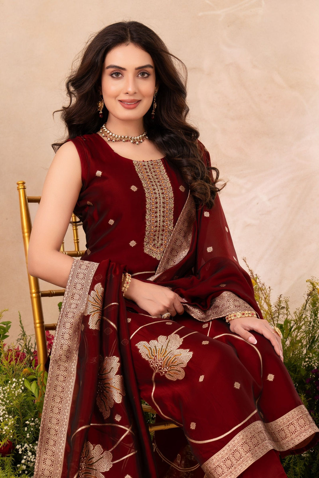 Maroon Banaras, Beads and Sequins work Straight Cut Salwar Suit