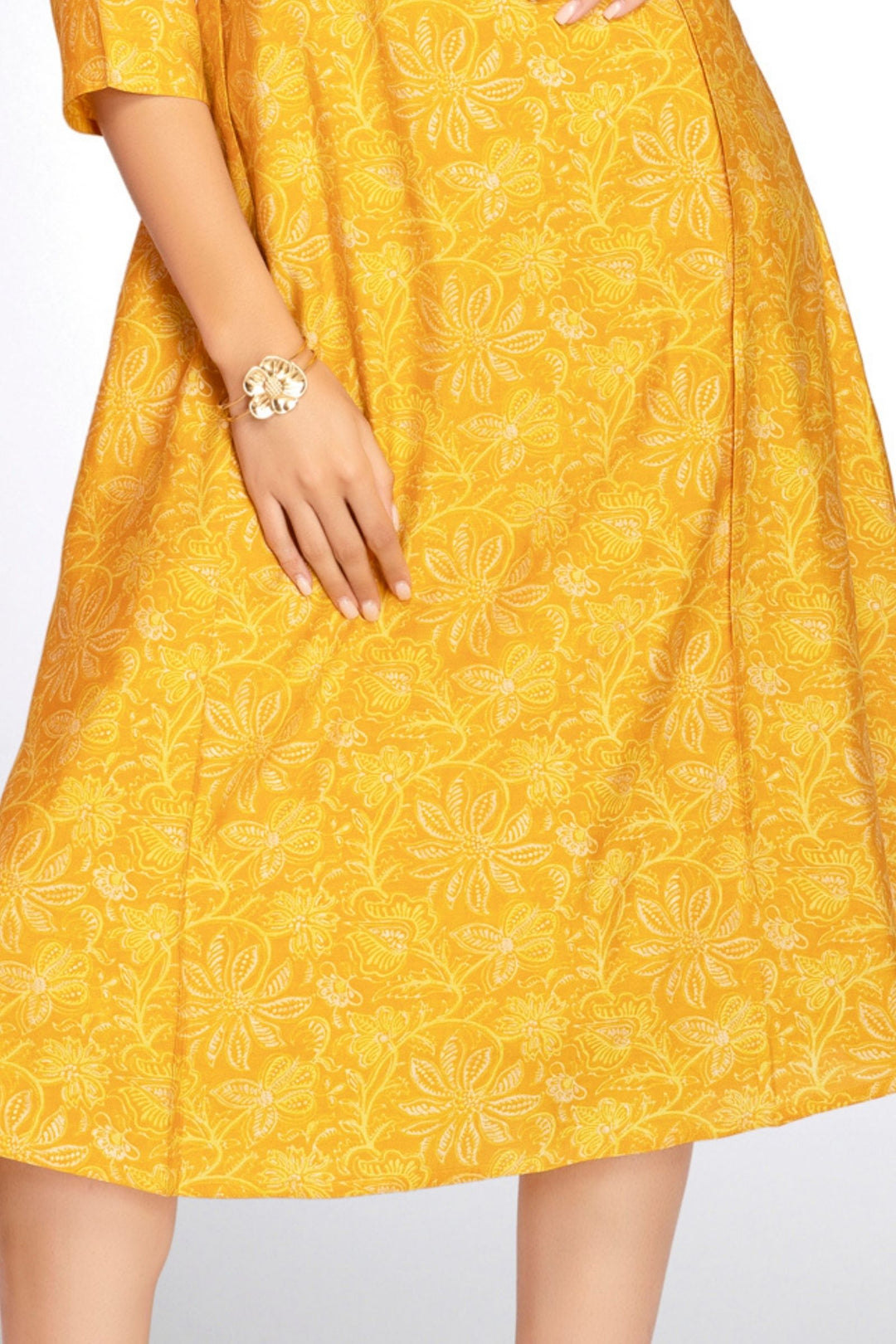 Yellow Mirror and Thread work with Digital Print A-Line Cut Calf Length Kurti