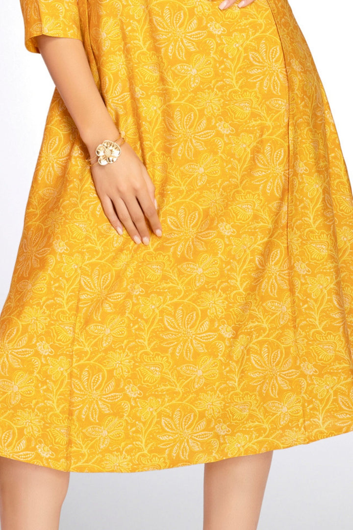 Yellow Mirror and Thread work with Digital Print A-Line Cut Calf Length Kurti