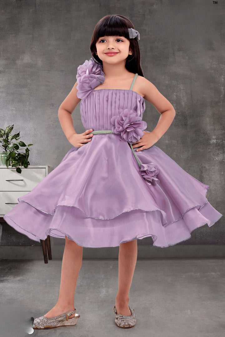 Light Lavender Stone and Sequins work Short Partywear Frock for Girls